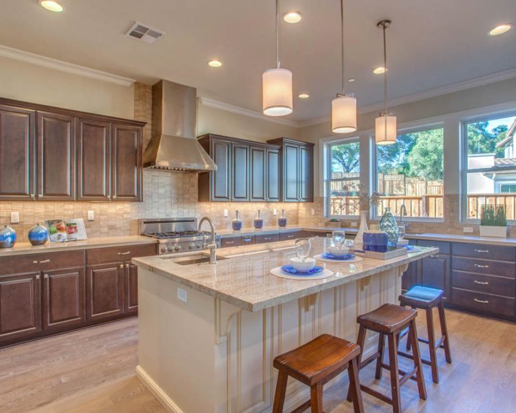 A kitchen featuring dark cabinetry, stainless steel appliances, and a breakfast bar with blue stools, complemented by pendant lighting.